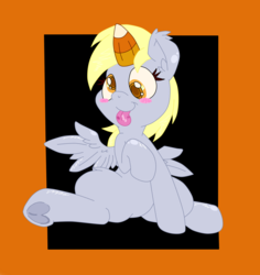 Size: 1418x1500 | Tagged: safe, artist:dfectivedvice, artist:krazykari, derpy hooves, pony, g4, blushing, candy, candy corn, female, silly, silly pony, sitting, solo, tongue out, underhoof