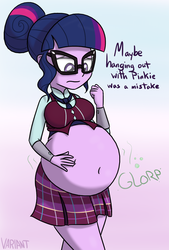 Size: 775x1144 | Tagged: safe, artist:variant, sci-twi, twilight sparkle, human, equestria girls, g4, my little pony equestria girls: friendship games, belly, belly button, big belly, clothes, crystal prep academy uniform, dialogue, exposed belly, fat, female, food baby, glasses, necktie, not pregnant, round belly, school tie, school uniform, schoolgirl, sci-twilard, solo, stomach noise, stuffed, twilard sparkle, weight gain
