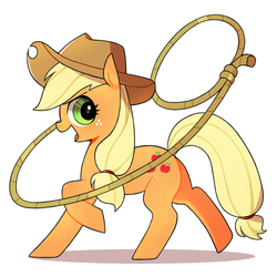 Size: 1000x1000 | Tagged: dead source, safe, artist:9seconds, applejack, earth pony, pony, g4, applejack's hat, cowboy hat, female, freckles, hat, lasso, mare, open mouth, raised hoof, rope, simple background, smiling, solo, white background