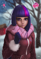 Size: 1480x2093 | Tagged: safe, artist:hunky-dory-artist, twilight sparkle, human, g4, clothes, dark skin, female, forest, humanized, jacket, looking at you, scarf, snow, snowfall, solo