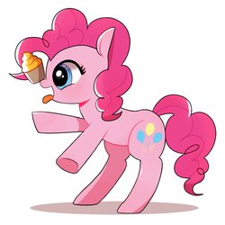Size: 1000x1000 | Tagged: dead source, safe, artist:9seconds, pinkie pie, earth pony, pony, g4, balancing, cupcake, cute, female, mare, open mouth, ponies balancing stuff on their nose, simple background, solo, tongue out, white background