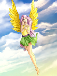 Size: 1500x2000 | Tagged: safe, artist:juliagoldfox, fluttershy, human, g4, barefoot, belt, clothes, cloud, cloudy, feet, female, flying, humanized, looking at you, skirt, sky, solo, spread wings, tank top, winged humanization