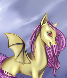 Size: 2028x2350 | Tagged: safe, artist:juliagoldfox, fluttershy, bat pony, pony, g4, bedroom eyes, fangs, female, flutterbat, high res, looking at you, missing cutie mark, nose wrinkle, open mouth, smiling, solo, spread wings