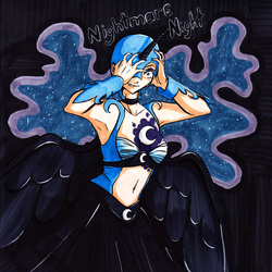 Size: 2456x2456 | Tagged: safe, artist:jack-soldier-blue, nightmare moon, princess luna, human, g4, armor, armor skirt, armpits, belly button, clothes, costume, female, high res, humanized, midriff, nightmare night, nightmare night costume, skirt, solo, traditional art