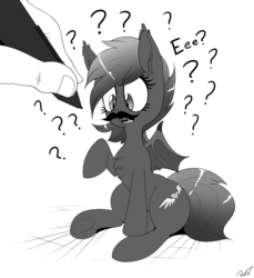 Size: 1375x1500 | Tagged: safe, artist:replica, oc, oc only, oc:speck, bat pony, pony, chest fluff, confused, cross-eyed, cute, eeee, fangs, grayscale, hand, monochrome, moustache, ocbetes, open mouth, pencil, question mark, raised hoof, sitting, solo, underhoof
