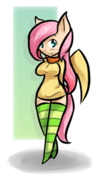 Size: 600x1000 | Tagged: safe, artist:ihara, fluttershy, anthro, g4, ambiguous facial structure, clothes, female, socks, solo, striped socks, sweater, sweatershy, thigh highs