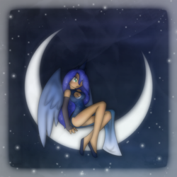 Size: 1400x1400 | Tagged: safe, artist:ihara, princess luna, human, g4, cleavage, female, humanized, moon, solo, tangible heavenly object, winged humanization