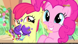 Size: 1920x1080 | Tagged: safe, screencap, apple bloom, pinkie pie, earth pony, pony, g4, hearthbreakers, my little pony: friendship is magic, adorabloom, cute, eating, female, filly, looking back, mare, messy, messy eating, smiling