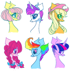 Size: 707x688 | Tagged: safe, artist:suippumato, applejack, fluttershy, pinkie pie, rainbow dash, rarity, twilight sparkle, earth pony, pegasus, pony, unicorn, g4, alternate hairstyle, beanbrows, braid, braided pigtails, braided ponytail, bust, eyebrows, female, group, horn, mane six, mare, pigtails, ponytail, portrait, sextet, short hair, short hair fluttershy, short hair rainbow dash, short hair rarity, short hair twilight sparkle, simple background, swirly blush, undercut, white background