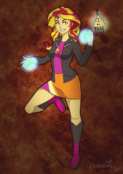Size: 1684x2374 | Tagged: safe, artist:elzalokvud, sunset shimmer, demon, equestria girls, g4, bill cipher, boots, clothes, crossover, dark magic, dark side, disney, duo, evil, gravity falls, hat, leather jacket, magic, male, necktie, possessed, possession, raised leg, signature, skirt
