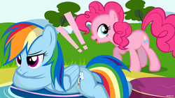 Size: 1024x576 | Tagged: safe, artist:noah-x3, pinkie pie, rainbow dash, g4, female, prone, show accurate, swimming pool