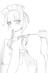 Size: 841x1280 | Tagged: safe, artist:trump, tote bag (g4), earth pony, pony, crusaders of the lost mark, g4, apron, bag, bedroom eyes, belt, blushing, bonnet, butt, clothes, dress, female, japanese, looking at you, looking back, maid, mare, monochrome, plot, shopping, shopping bag, solo