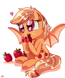 Size: 900x1080 | Tagged: safe, artist:daniel-sg, applejack, bat pony, pony, g4, apple, applebat, cute, female, heart, jackabetes, race swap, solo