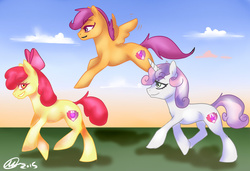 Size: 1024x699 | Tagged: safe, artist:keyace, apple bloom, scootaloo, sweetie belle, crusaders of the lost mark, g4, cloud, cloudy, cutie mark crusaders, flying, scootaloo can fly, sky, smiling, sunset