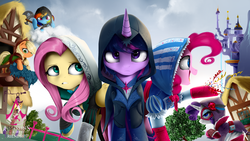 Size: 2560x1440 | Tagged: safe, artist:supermare, applejack, fluttershy, pinkie pie, rainbow dash, rarity, twilight sparkle, g4, assassin's creed, axe, canterlot, clothes, confetti, crossover, mane six, ponyville, wallpaper