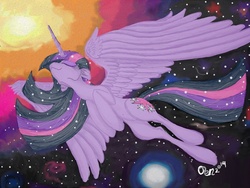 Size: 1024x768 | Tagged: safe, artist:penkatshi, twilight sparkle, alicorn, pony, g4, eyes closed, female, flying, mare, older, solo, space, sparkly mane, spread wings, twilight sparkle (alicorn), ultimate twilight, wings
