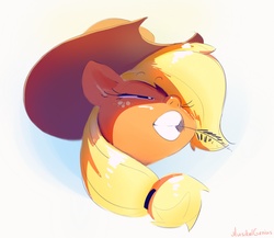 Size: 1280x1112 | Tagged: safe, artist:musicalgenius, applejack, g4, chewing, colored, eyelashes, female, giant hat, grass, hat, head only, lidded eyes, open mouth, ponytail, shadow, solo, squint, straw in mouth, teeth, wheat