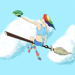 Size: 2000x2000 | Tagged: safe, artist:vladar4, rainbow dash, tank, human, g4, broom, clothes, cloud, cloudy, flying, flying broomstick, high res, humanized, midriff, rainbow socks, sitting, socks, striped socks, tank top