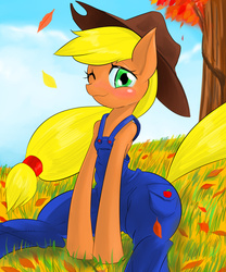 Size: 1000x1200 | Tagged: safe, artist:汚自慰, applejack, g4, blushing, female, missing freckles, overalls, solo