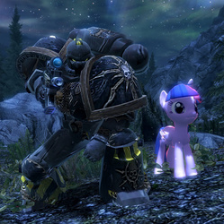 Size: 946x950 | Tagged: safe, twilight sparkle, alicorn, pony, g4, 3d, chaos space marine, iron warriors, mod, skyrim, the elder scrolls, twilight sparkle (alicorn), warhammer (game), warhammer 40k, weapon