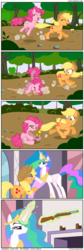 Size: 775x2317 | Tagged: safe, artist:david vargas, applejack, pinkie pie, princess celestia, alicorn, earth pony, pony, g4, broken hoof, broken leg, butt, comic, crying, direman comics, euthanasia, female, gun, imminent death, imminent murder, levitation, magic, mare, plot, shotgun, telekinesis, weapon