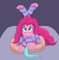 Size: 729x742 | Tagged: safe, artist:caroo, pinkie pie, human, g4, clothes, feet, female, humanized, implied nudity, socks, soles, solo, stockings, striped socks, stupid sexy pinkie, thigh highs, tickling, toeless stockings, toes