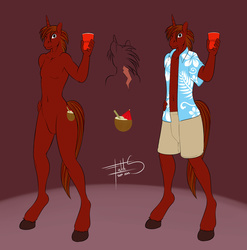 Size: 1988x2014 | Tagged: safe, artist:freckles, oc, oc only, oc:rum chaser, anthro, anthro oc, clothes, hawaiian shirt, male, reference sheet, scar, shorts, solo, topless
