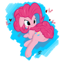 Size: 1000x1000 | Tagged: safe, artist:pilla, pinkie pie, earth pony, pony, g4, :3, blushing, chasing own tail, chewing, cute, diapinkes, female, floppy ears, heart, mare, nom, smiling, solo, tail bite, underhoof