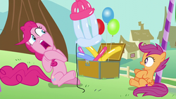 Size: 1280x720 | Tagged: safe, screencap, pinkie pie, scootaloo, g4, season 5, the one where pinkie pie knows, baby bottle, balloon, cutie mark, duo, great moments in animation, screaming, shocked, the cmc's cutie marks