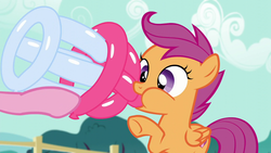 Size: 1280x720 | Tagged: safe, screencap, pinkie pie, scootaloo, g4, the one where pinkie pie knows, baby bottle, cutie mark, the cmc's cutie marks
