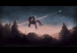 Size: 2550x1750 | Tagged: safe, artist:ventious, twilight sparkle, alicorn, pony, g4, female, flying, forest, letterboxing, night, scenery, shooting star, solo, stars, twilight (astronomy), twilight sparkle (alicorn)