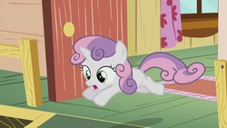 Size: 1280x720 | Tagged: safe, screencap, sweetie belle, pony, unicorn, crusaders of the lost mark, g4, cute, diasweetes, female, filly, jumping, open mouth, solo