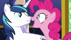 Size: 1280x720 | Tagged: safe, screencap, pinkie pie, shining armor, g4, the one where pinkie pie knows, boop, nose wrinkle, noseboop