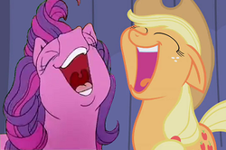 Size: 356x236 | Tagged: safe, edit, edited screencap, screencap, applejack, skywishes, earth pony, pegasus, pony, boast busters, friends are never far away, g3, g4, didney worl, duo, duo female, eyes closed, female, floppy ears, laughing, laughingmares.jpg, mare, mawshot, open mouth, smiling, uvula, volumetric mouth
