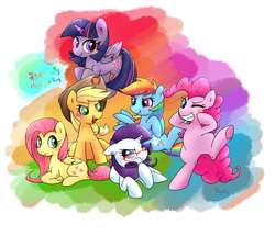 Size: 1282x1100 | Tagged: safe, artist:phyllismi, applejack, fluttershy, pinkie pie, rainbow dash, rarity, twilight sparkle, alicorn, pony, g4, bipedal, blushing, female, glasses, grin, mane six, mare, prone, smiling, twilight sparkle (alicorn)