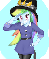Size: 1000x1200 | Tagged: safe, artist:fromamida, rainbow dash, equestria girls, g4, my little pony equestria girls: friendship games, bobby hat, clothes, cute, female, hat, long hair, looking at you, police uniform, rozzer dash, salute, smiling, solo