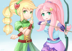 Size: 1000x707 | Tagged: safe, artist:amy30535, applejack, fluttershy, human, equestria girls, g4, my little pony equestria girls: friendship games, alternate hairstyle, archery, armpits, arrow, bow (weapon), bow and arrow, cute, duo, humanized, jackabetes, shyabetes