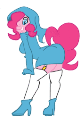 Size: 172x265 | Tagged: safe, artist:minus8, artist:xchan, derpibooru exclusive, pinkie pie, shy guy, anthro, g4, animated, ass, balloonbutt, boots, butt, butt shake, clothes, dancing, female, frame by frame, garter belt, garters, high heel boots, hoodie, hypnotic, looking at you, shoes, simple background, smiling, solo, stockings, super mario bros., white background