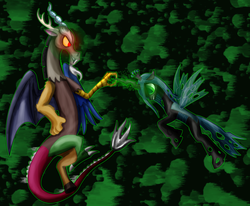 Size: 1639x1352 | Tagged: safe, artist:stalinthestallion, discord, queen chrysalis, changeling, changeling queen, draconequus, g4, confrontation, female, glowing eyes, horn, horn grab