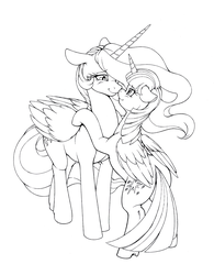 Size: 3226x4138 | Tagged: safe, artist:longinius, princess celestia, twilight sparkle, alicorn, pony, g4, boop, commission, female, floppy ears, grayscale, lesbian, mare, monochrome, nose wrinkle, noseboop, ship:twilestia, shipping, smiling, twilight sparkle (alicorn)