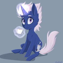 Size: 2200x2200 | Tagged: safe, artist:silbersternenlicht, oc, oc only, pony, unicorn, coffee, commission, cup, female, high res, horn, levitation, magic, mare, sitting, solo