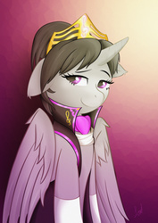 Size: 4961x7016 | Tagged: safe, artist:franticlava, octavia melody, alicorn, pony, g4, absurd resolution, alicornified, bipedal, clothes, crown, female, looking at you, octacorn, princess, race swap, smiling, solo