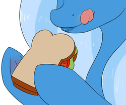 Size: 2702x2255 | Tagged: safe, artist:psicarii, trixie, pony, unicorn, g4, close-up, female, high res, licking, licking lips, lips, mare, sandwich, solo, tongue out