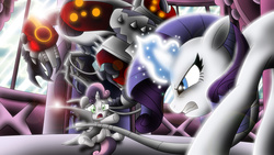 Size: 1920x1080 | Tagged: safe, artist:atomic-chinchilla, rarity, sweetie belle, g4, beast wars, crossover, dinobot 2, fight, hostage, kidnapped, magic, transformers