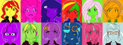 Size: 2725x1000 | Tagged: safe, artist:flam3zero, applejack, fluttershy, indigo zap, lemon zest, pinkie pie, rainbow dash, rarity, sci-twi, sour sweet, sugarcoat, sunny flare, sunset shimmer, twilight sparkle, equestria girls, g4, my little pony equestria girls: friendship games, bowtie, canterlot high, clothes, cowboy hat, crystal prep academy, crystal prep shadowbolts, freckles, glasses, goggles, hat, headphones, humane five, humane seven, humane six, leather jacket, looking at you, one eye closed, open mouth, shadow five, stetson, versus, wink, wonderbolts, wondercolts