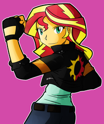 Size: 2000x2392 | Tagged: safe, artist:flam3zero, sunset shimmer, equestria girls, g4, anime, bike jacket, clothes, female, fingerless gloves, fist pump, gloves, high res, king of fighters, kyo kusanagi, pants, solo