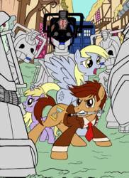 Size: 2552x3508 | Tagged: safe, artist:edcom02, artist:jmkplover, derpy hooves, dinky hooves, doctor whooves, time turner, cyber pony, cyberman, pony, g4, crossover, david tennant, doctor who, high res, male, ponified, ponyville, sonic screwdriver, stallion, tardis, tenth doctor, the doctor