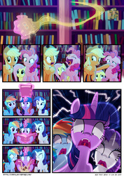 Size: 3500x4951 | Tagged: safe, artist:light262, artist:lummh, applejack, fluttershy, pinkie pie, rainbow dash, rarity, twilight sparkle, alicorn, pony, comic:timey wimey, g4, book, comic, dust, magic, mane six, pre sneeze, shocked, shocked expression, telekinesis, twilight sparkle (alicorn)