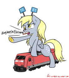 Size: 1893x2141 | Tagged: safe, artist:orang111, derpy hooves, pegasus, pony, g4, db br 185, deutsche bahn, female, german, locomotive, mare, pzb, ride, riding, solo, tongue out, train, traxx