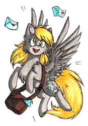 Size: 1020x1455 | Tagged: safe, artist:tay-niko-yanuciq, derpy hooves, pegasus, pony, g4, chest fluff, ear fluff, female, fluffy, flying, letter, mailbag, mare, simple background, solo, traditional art, transparent background